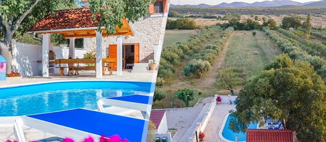 LUKSUZNA Villa Didini dvori u Ravnim kotarima blizu Šibenika! Odmor iz snova: 6 ili 7 noćenja za do 6 osoba. Uživajte uz privatni BAZEN, roštilj i igralište. REZERVIRAJTE svoj savršen odmor već danas!